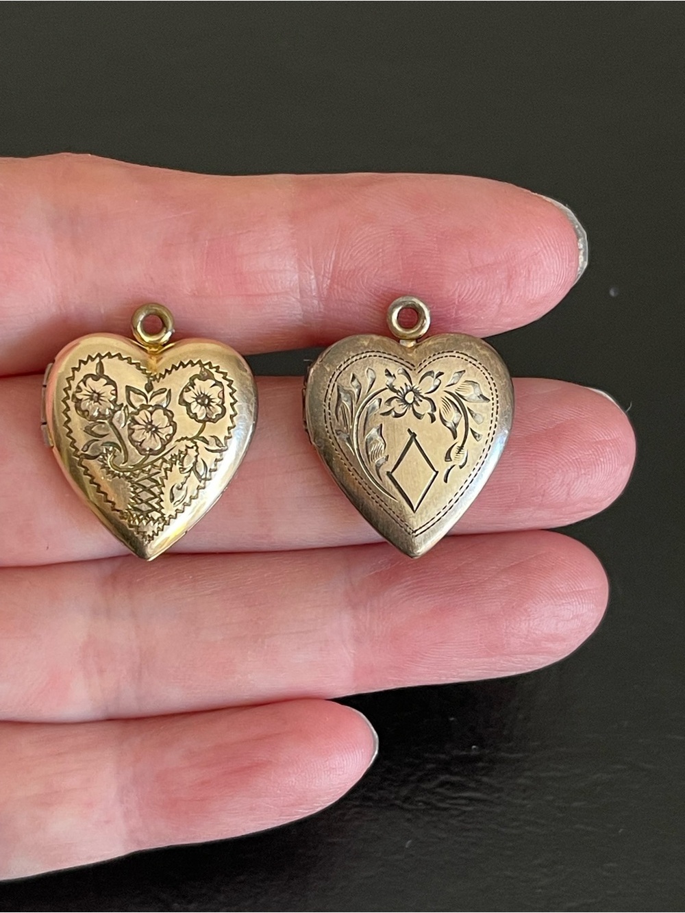 2 Vintage 12KT gold filled floral engraved heart Locket Pendant.